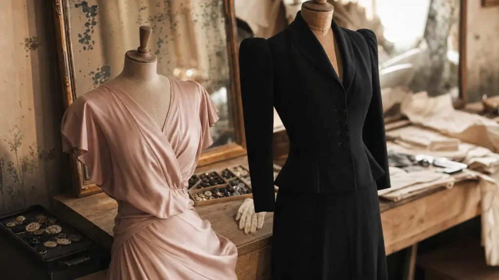 Coupe en biais et épaules marquées : la mode femme des années 30-40 sous contrainte