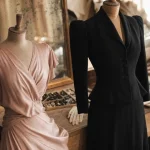 Mode femme année 30 40 : robe en coupe biais et épaules structurées