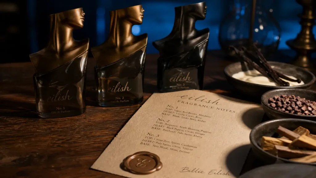 Parfum billie eilish : trois flacons sur table, comparatif de fragrances