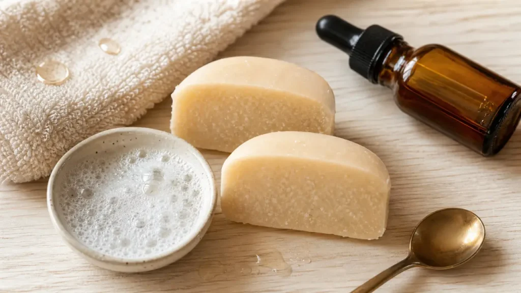 Savon au collagène bienfaits : barre beige et texture