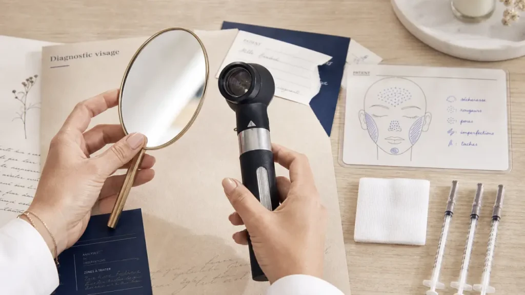 Soins esthétiques du visage : diagnostic rides et volumes au miroir et dermatoscope