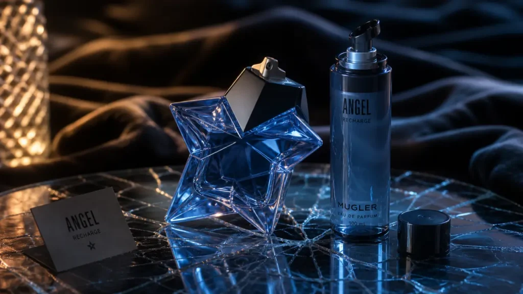Angel parfum Mugler, flacon rechargeable bleu et recharge 100 ml