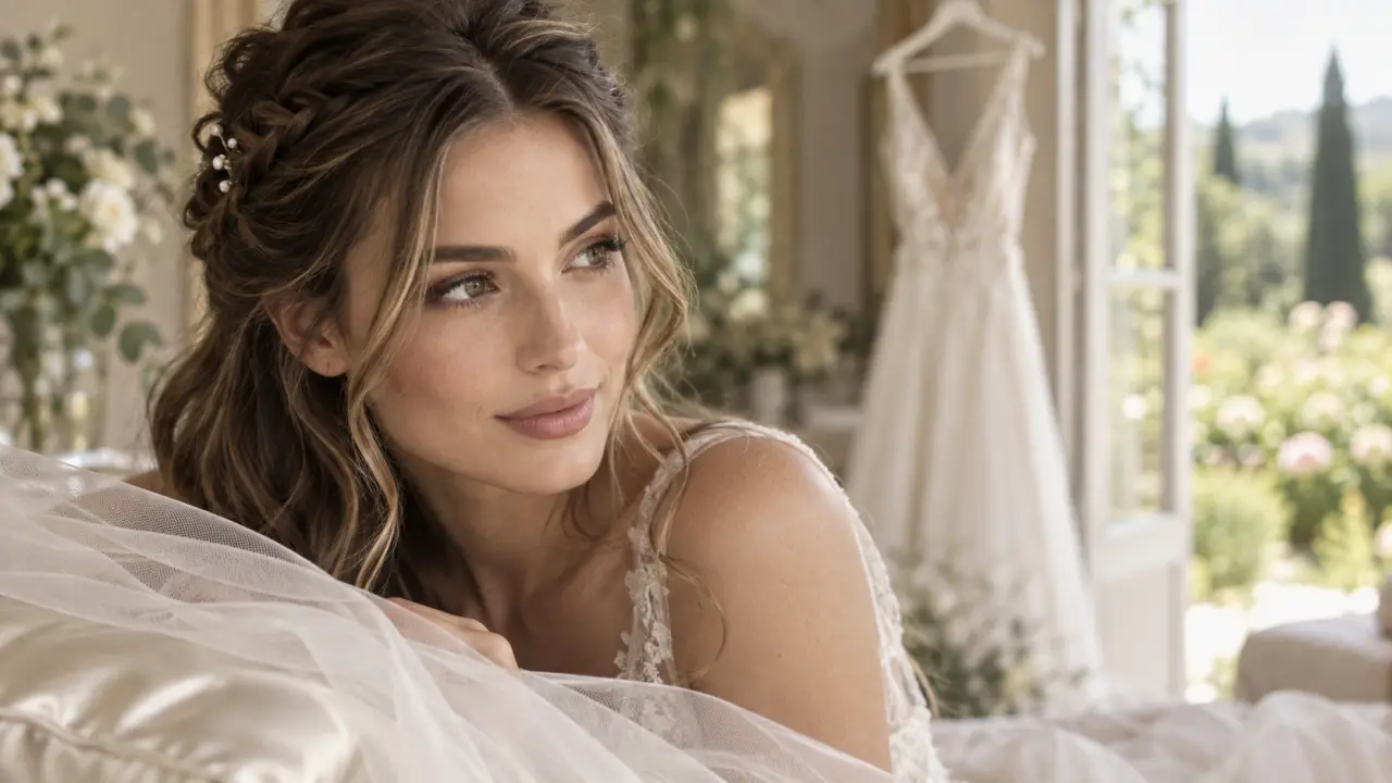 Coiffure mariage cheveux longs avec tresse cascade et épingles perlées