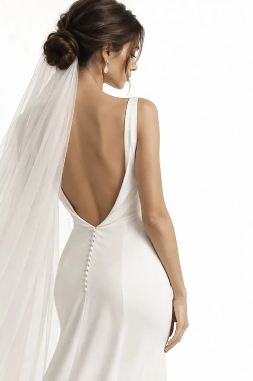 Coiffure mariage cheveux longs en chignon bas avec voile et robe dos nu