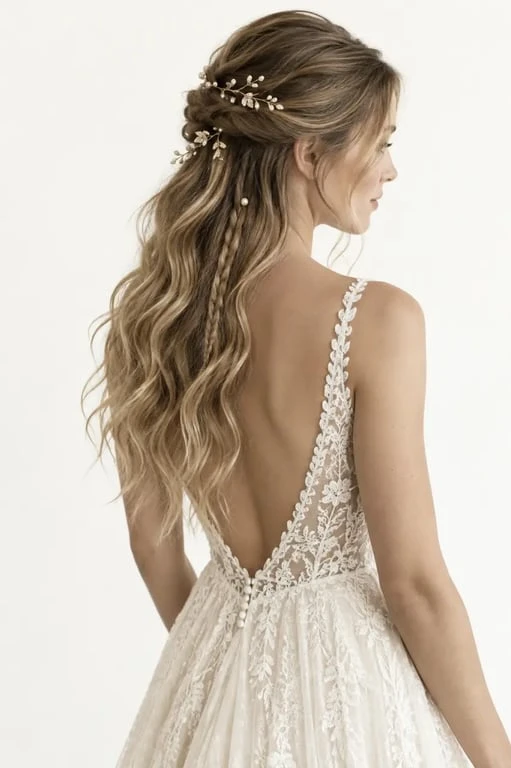 Coiffure mariage cheveux longs mi-haute mi-basse avec tresse et accessoires