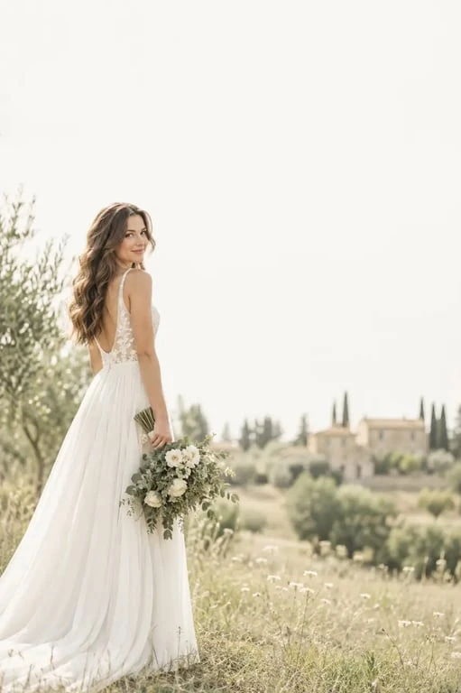 Coiffure mariage cheveux longs lâchés avec ondulations wavy pour un mariage champêtre