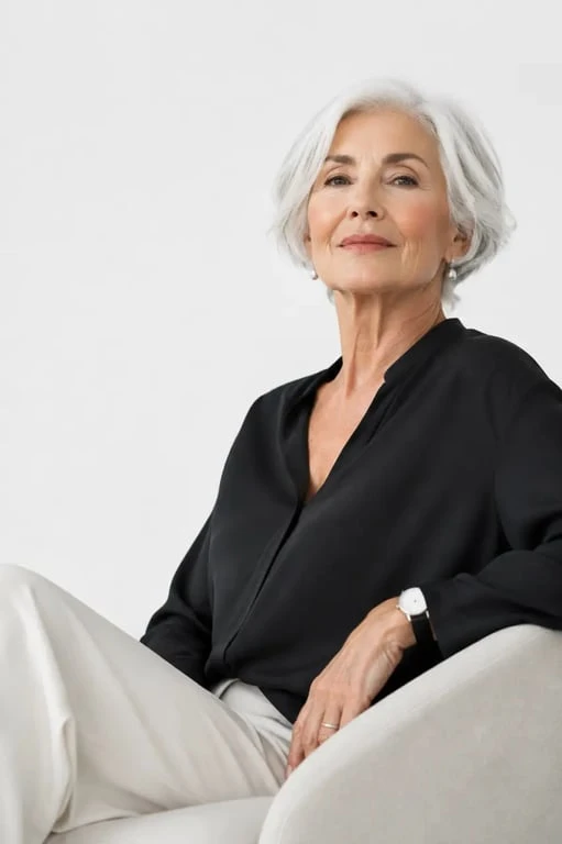 Cheveux court femme 70 ans facile à coiffer : carré court effilé sur cheveux blancs
