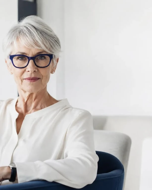 Cheveux court femme 70 ans facile à coiffer avec lunettes et frange légère
