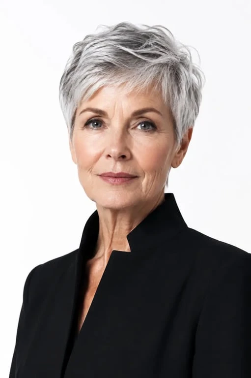 Coupe cheveux court femme 70 ans facile à coiffer : pixie dégradée sur cheveux fins et gris