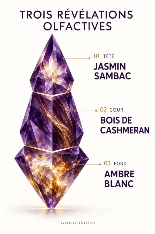 Alien parfum : infographie des notes de jasmin Sambac, Cashmeran et ambre blanc