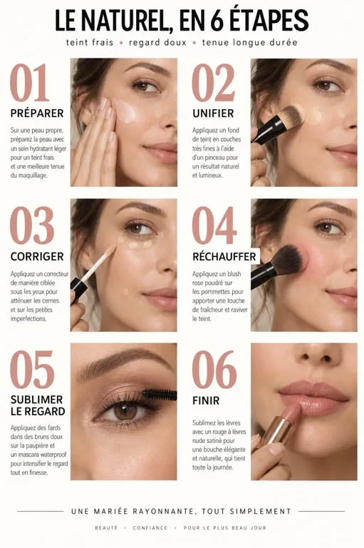 Étapes d’un maquillage de mariée naturel avec teint seconde peau et regard doux