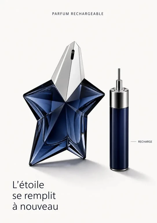 Angel parfum avec flacon étoile bleu et recharge, visuel éditorial de reconnaissance produit