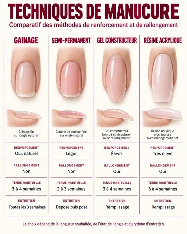Gainage d’ongle comparé au semi-permanent, au gel et à la résine