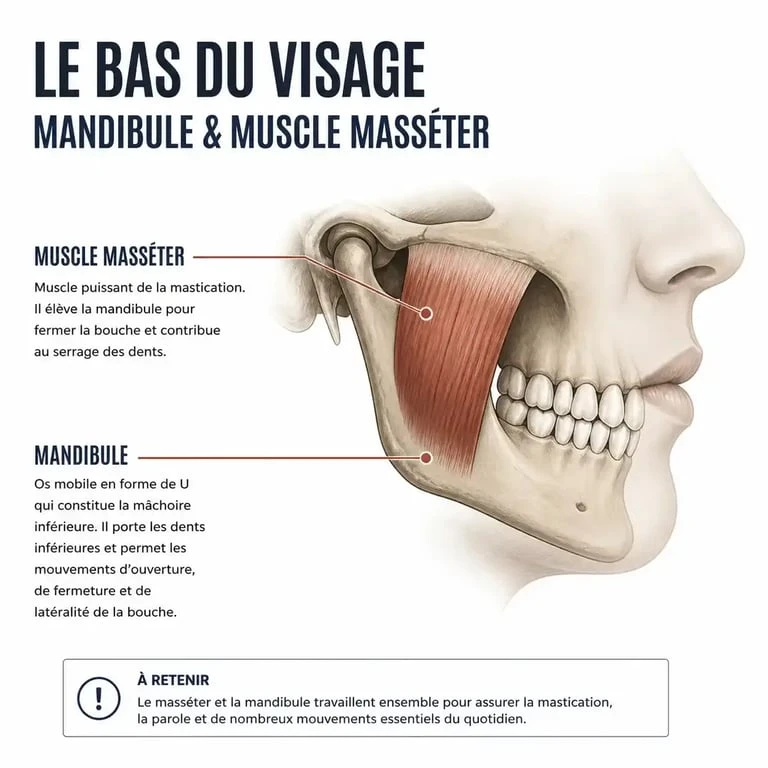 Schéma anatomique de la mâchoire et du muscle masséter pour comprendre comment avoir une mâchoire carrée
