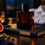 La nuit de l'homme parfum Saint Laurent : flacon ambré sur cuir, agrume et cardamome