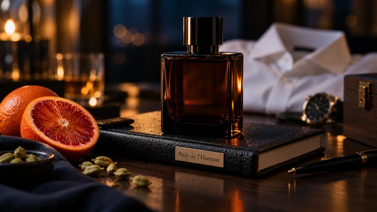 La nuit de l'homme parfum Saint Laurent : flacon ambré sur cuir, agrume et cardamome