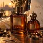 Lattafa parfum Oud & Ambre, flacons ambrés sur table bois sombre