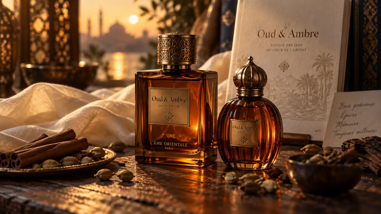 Lattafa parfum Oud & Ambre, flacons ambrés sur table bois sombre
