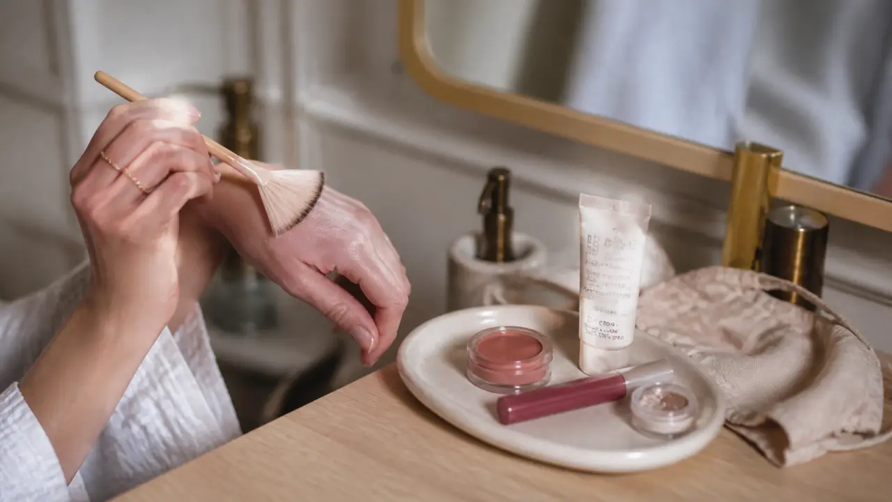 Maquillage coréen : BB glowy et fard pailleté fin sur peau