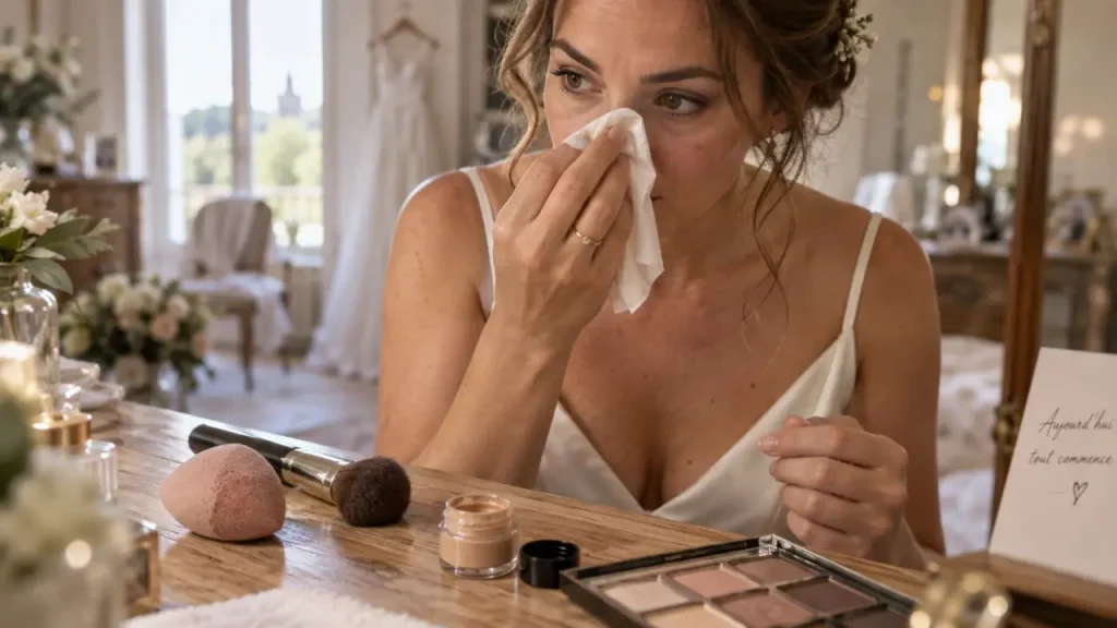 Maquillage mariée naturel : teint lumineux en photo, palette nude et éponge