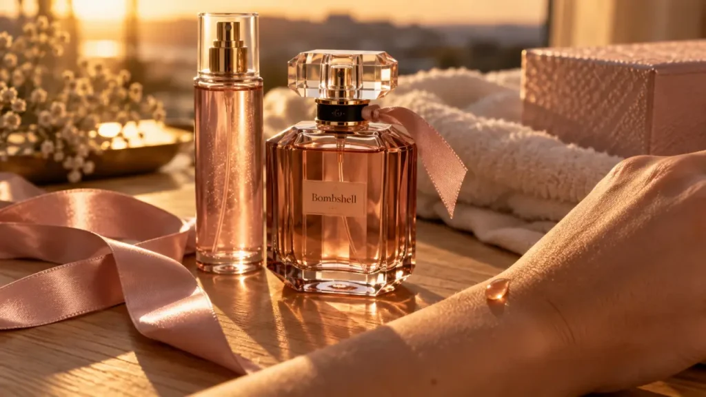 Parfum victoria secret Bombshell : flacon ambre et ruban rose, halo doré